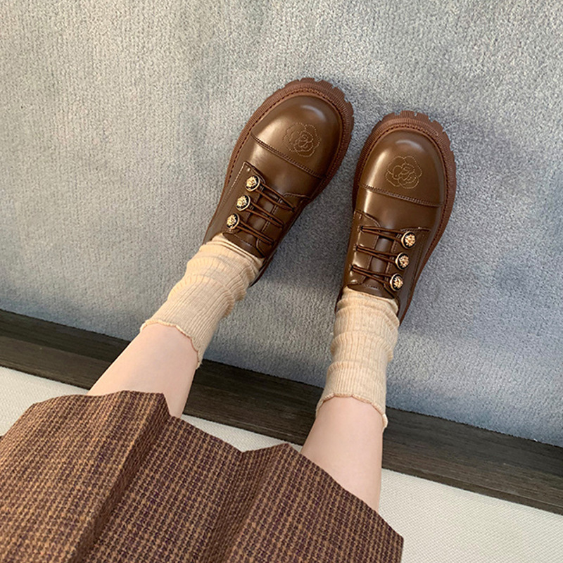 英伦金属扣复古刺绣乐福鞋春季圆头粗跟厚底小皮鞋单鞋女