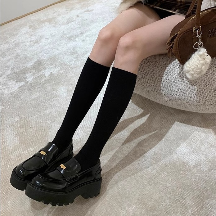 现货秒发！葡萄妈同款小金币圆头皮鞋粗跟厚底单鞋一脚蹬乐福鞋女