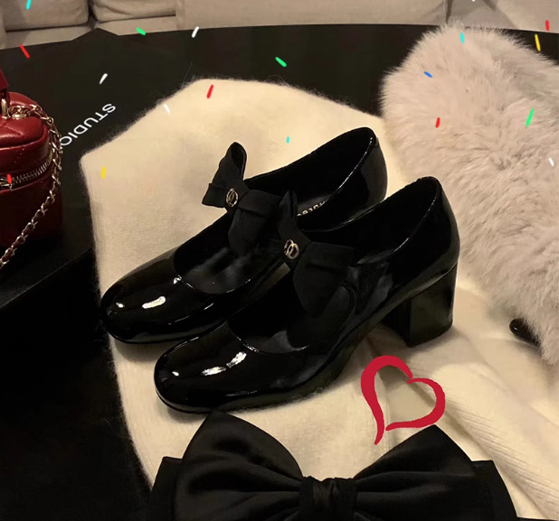 葡萄妈同款~法式蝴蝶结圆头高跟鞋粗跟小香风玛丽珍公主小皮鞋春