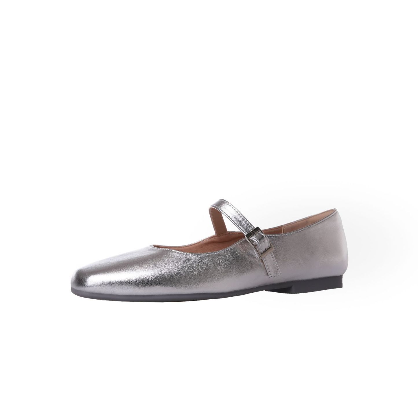 PANDA EYES春季新款银色小方头一字带浅口平底单鞋简约软皮玛丽珍单鞋女