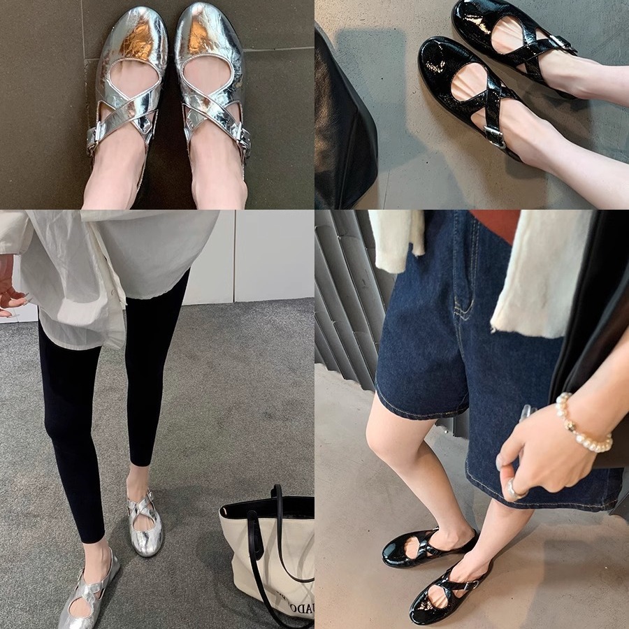 法式芭蕾风银色交叉带玛丽珍鞋子女浅口软底一字扣女鞋平底单鞋