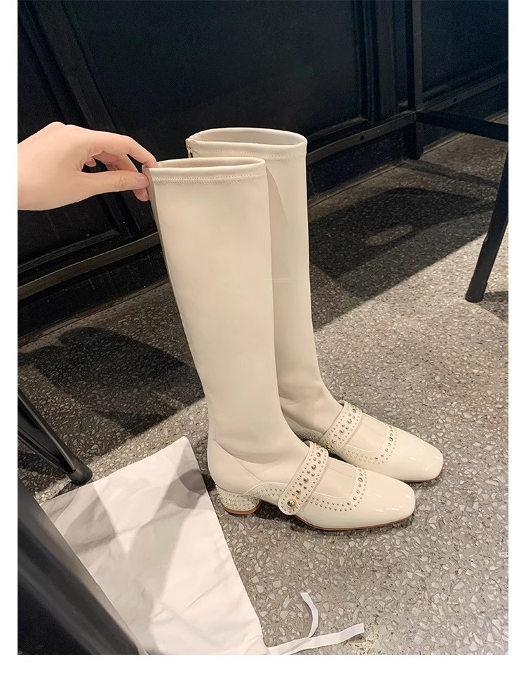 PANDA EYES时尚百搭新款方头铆钉后拉链中高筒弹力长靴女瘦瘦短靴