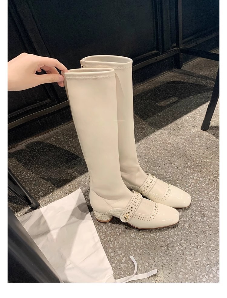 PANDA EYES时尚百搭新款方头铆钉后拉链中高筒弹力长靴女瘦瘦短靴