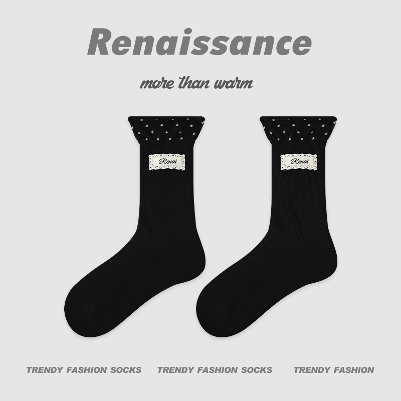 秋冬新款中筒袜花边堆堆袜纯色学院风ins潮袜子女