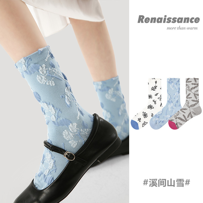 原创女袜春夏季复古浮雕袜子中筒袜文艺ins潮袜子女