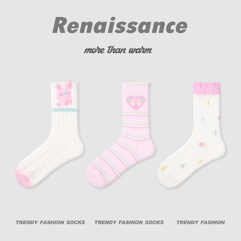 长条立体小狗动物中筒袜少女条纹拼色网眼透气女袜子