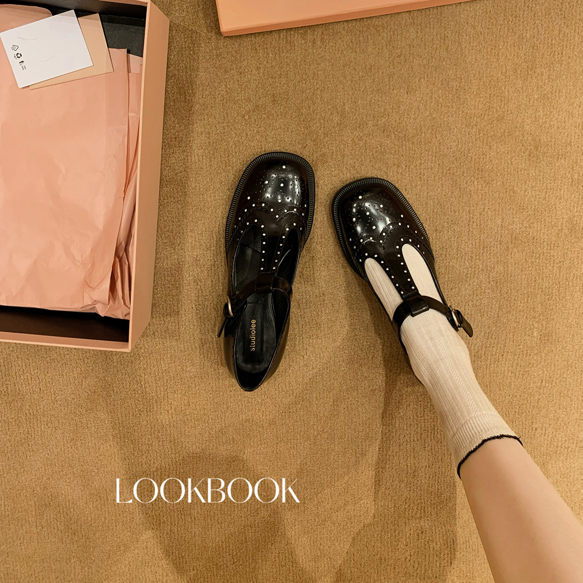 葡萄妈同款布洛克雕花T字带真皮英伦风玛丽珍小皮鞋