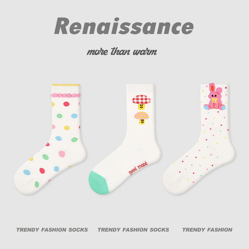 原创女袜春夏季黑白格子中筒袜卡通猫咪精梳棉袜子女