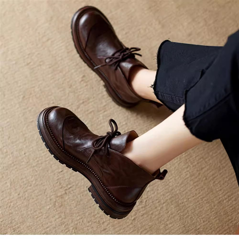 時尚簡約款小个子复古抓纹软皮系带厚底短筒马丁靴女2025秋冬新款单靴显瘦短女靴