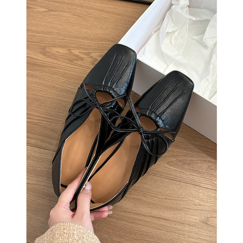 羊皮版~苏茵茵方头褶皱镂空玛丽珍鞋蝴蝶结法式气质低跟平底单鞋浅口小皮鞋