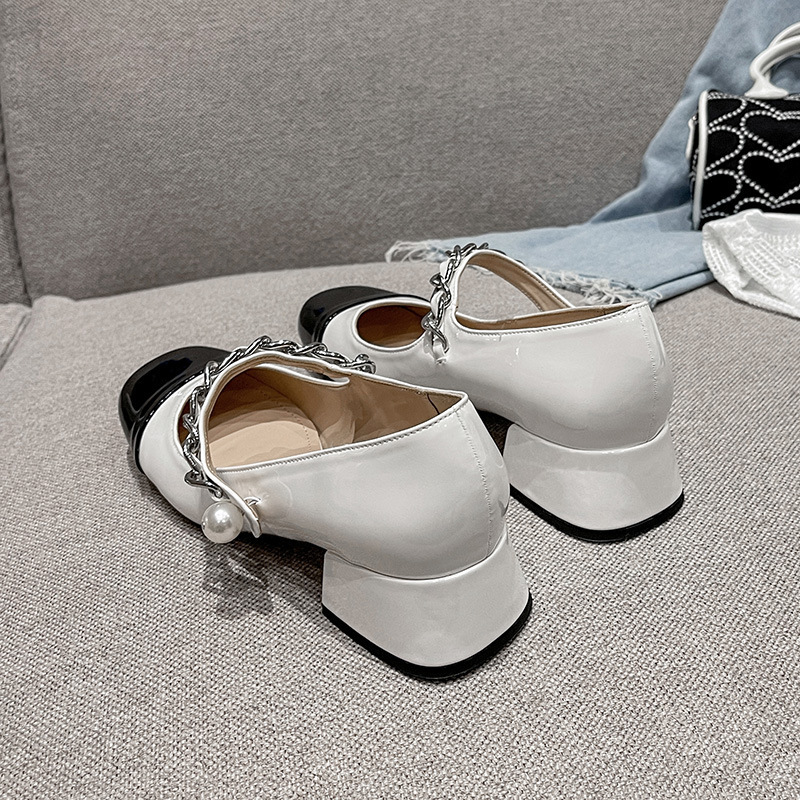 工厂现货赫本风新款玛丽珍单鞋一字带高跟鞋粗跟法式漆皮女鞋