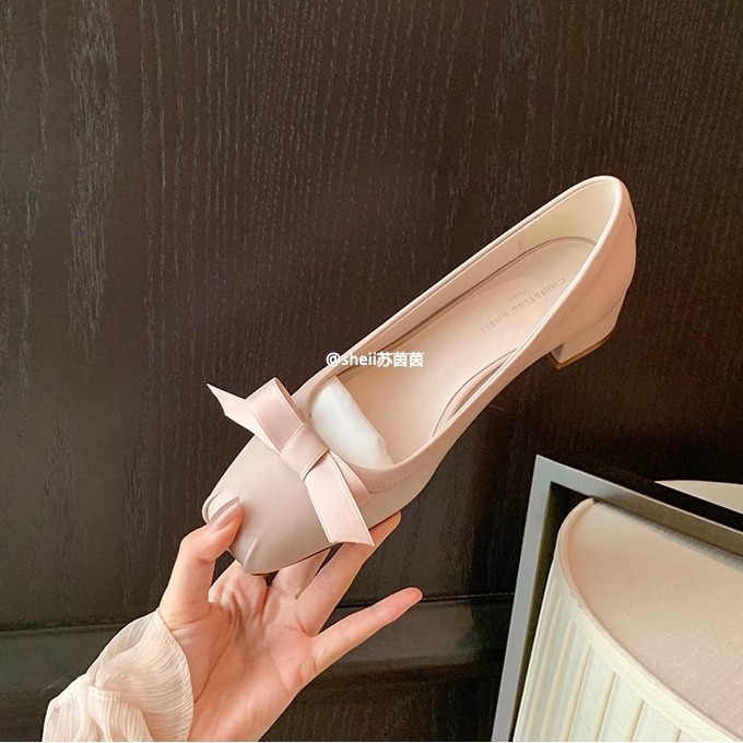 现货秒发！苏茵茵同款鞋猪鼻子小羊皮粗跟蝴蝶结芭蕾单鞋女凉鞋夏