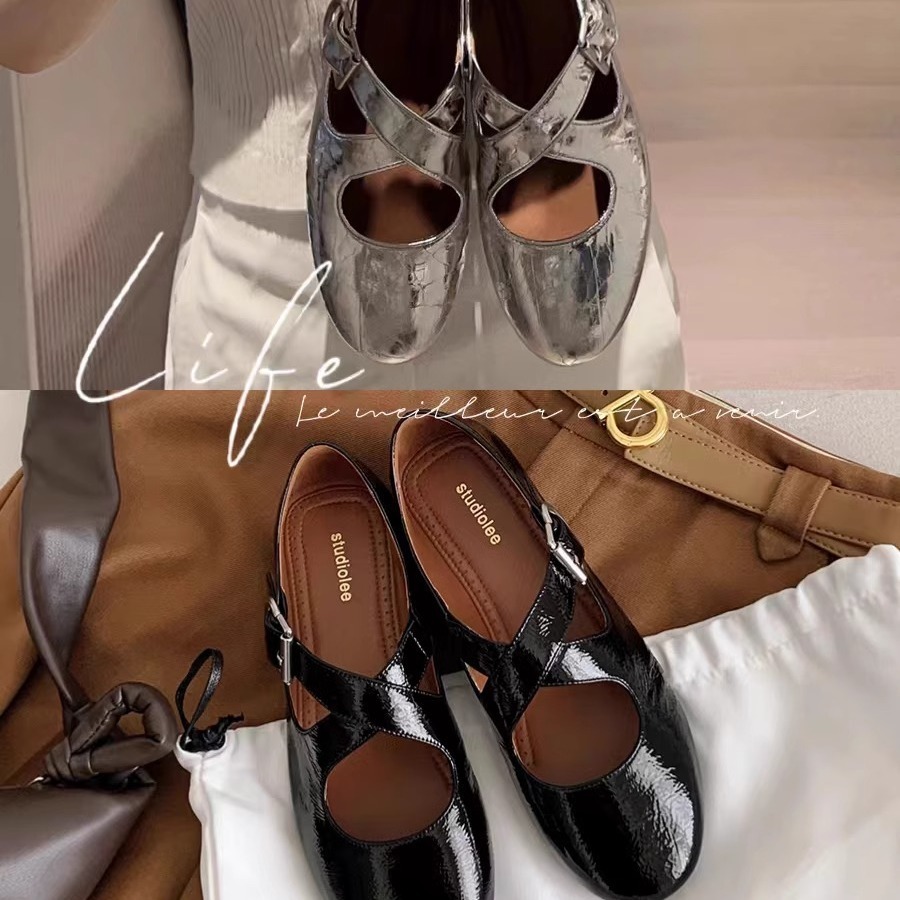 法式芭蕾风银色交叉带玛丽珍鞋子女浅口软底一字扣女鞋平底单鞋