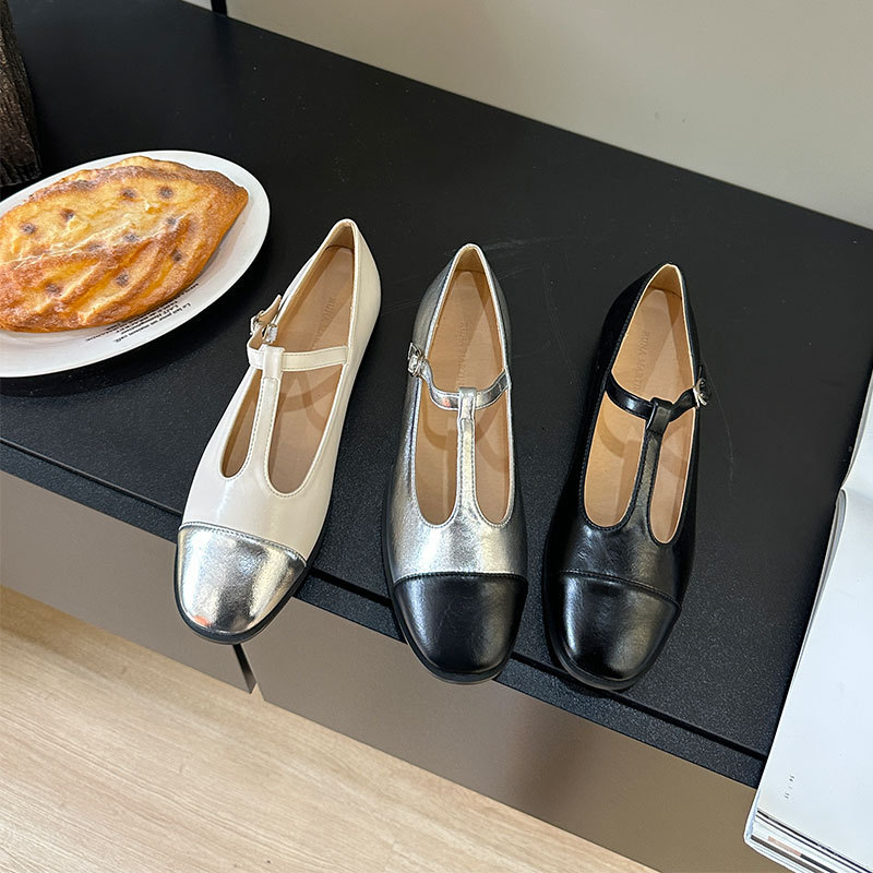 法式银色拼接单鞋女士2025春夏新款平底丁字带玛丽珍鞋圆头芭蕾鞋