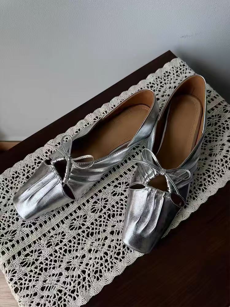 羊皮版~苏茵茵方头褶皱镂空玛丽珍鞋蝴蝶结法式气质低跟平底单鞋浅口小皮鞋