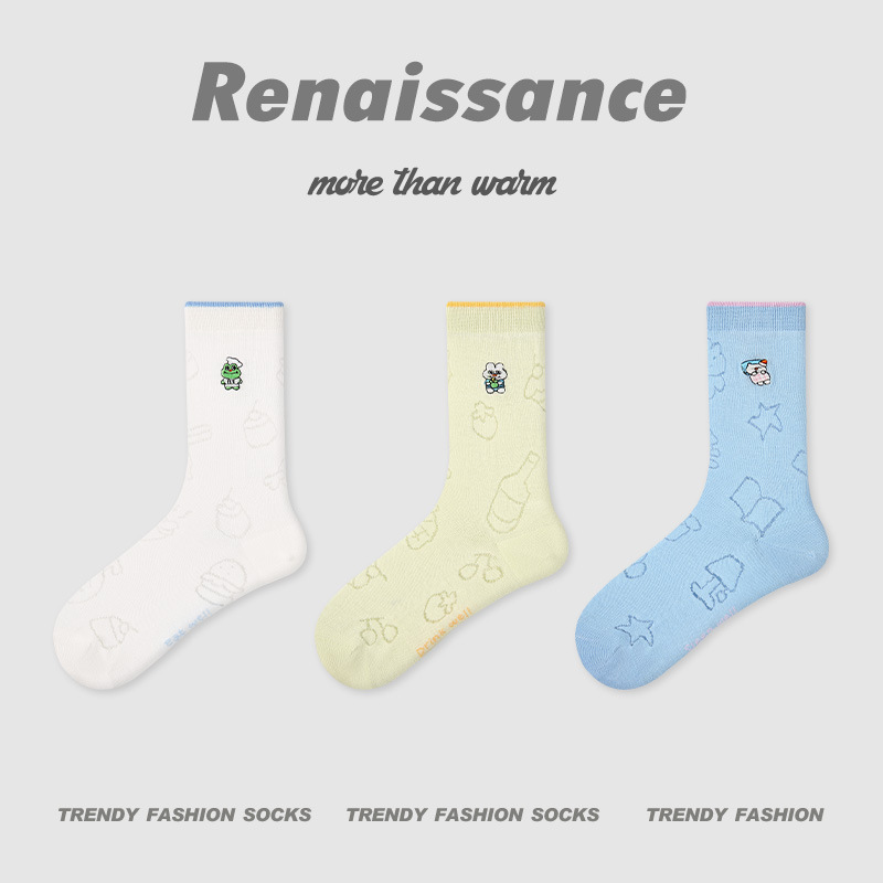 长条立体小狗动物中筒袜少女条纹拼色网眼透气女袜子