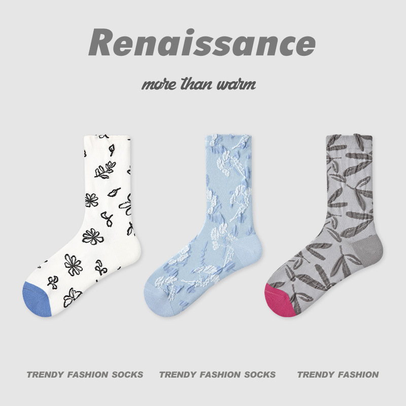 原创女袜春夏季黑白格子中筒袜卡通猫咪精梳棉袜子女