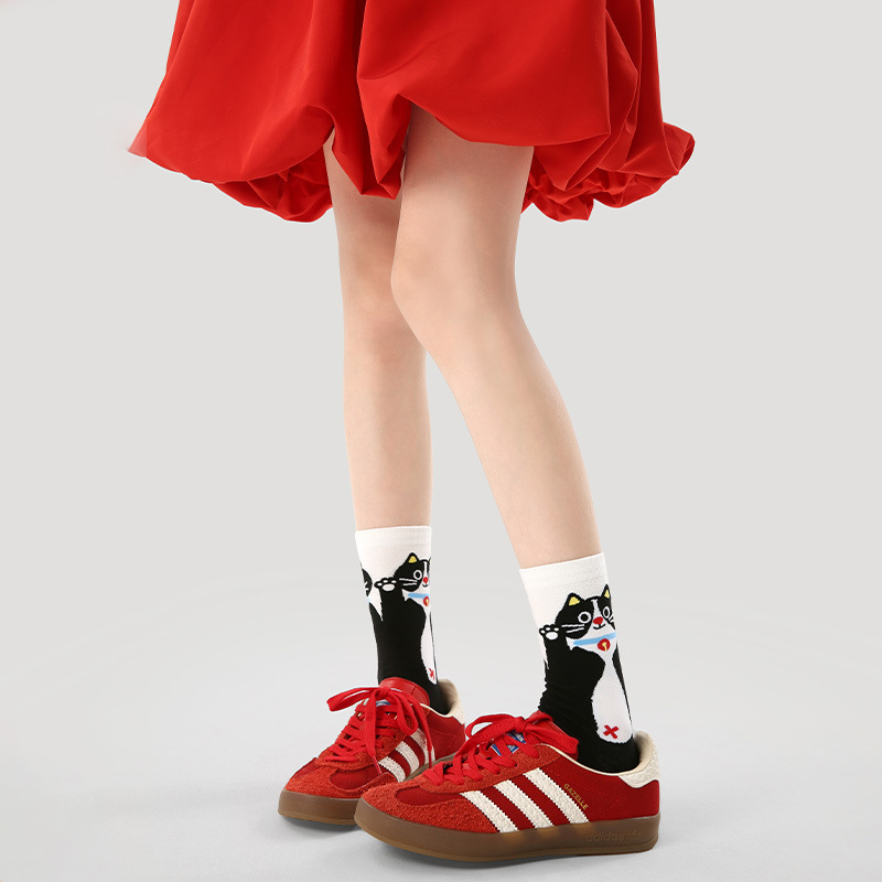原创女袜春夏季黑白格子中筒袜卡通猫咪精梳棉袜子女