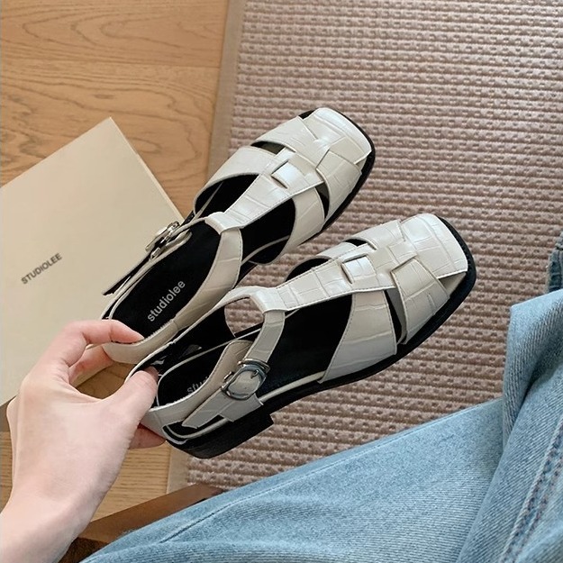 现货秒发！葡萄妈同款鞋罗马风编织设计方头镂空包头软面凉鞋女夏