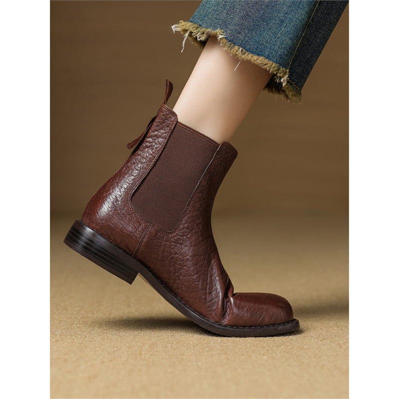 短靴女春秋单靴软底圆头低跟平底靴粗跟中跟松紧带加绒切尔西女靴