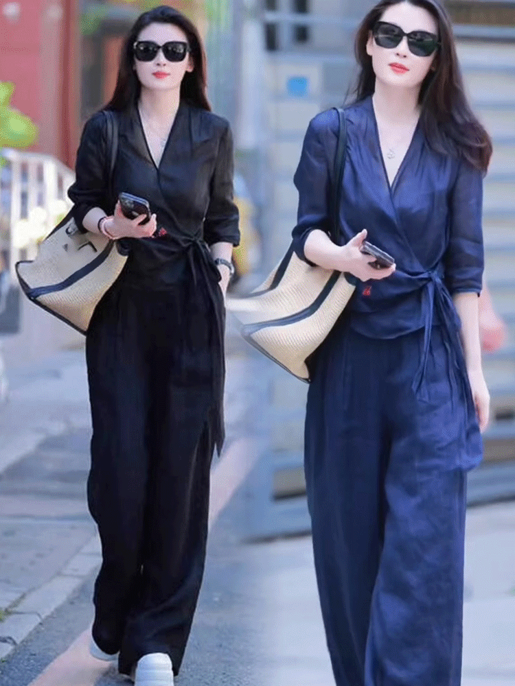 高腰寬褲襯衫棉麻套裝