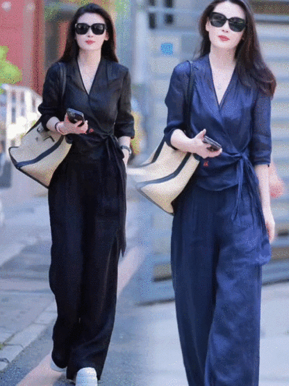 高腰寬褲襯衫棉麻套裝