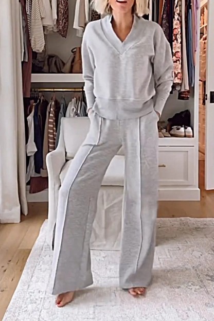 V-neck slimming long-sleeve top and wide-leg pants two-piece set