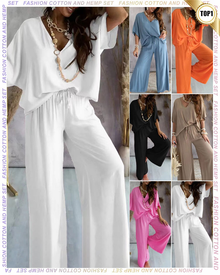 V-neck bat sleeve loose wide-leg pants suit