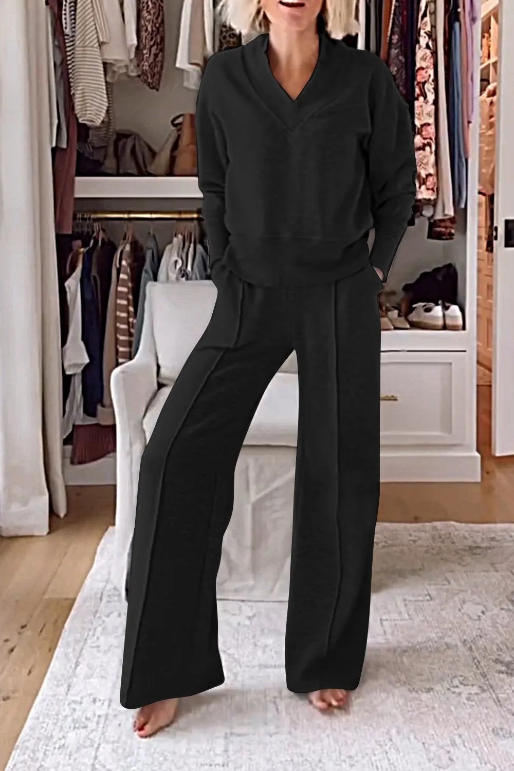 V-neck slimming long-sleeve top and wide-leg pants two-piece set