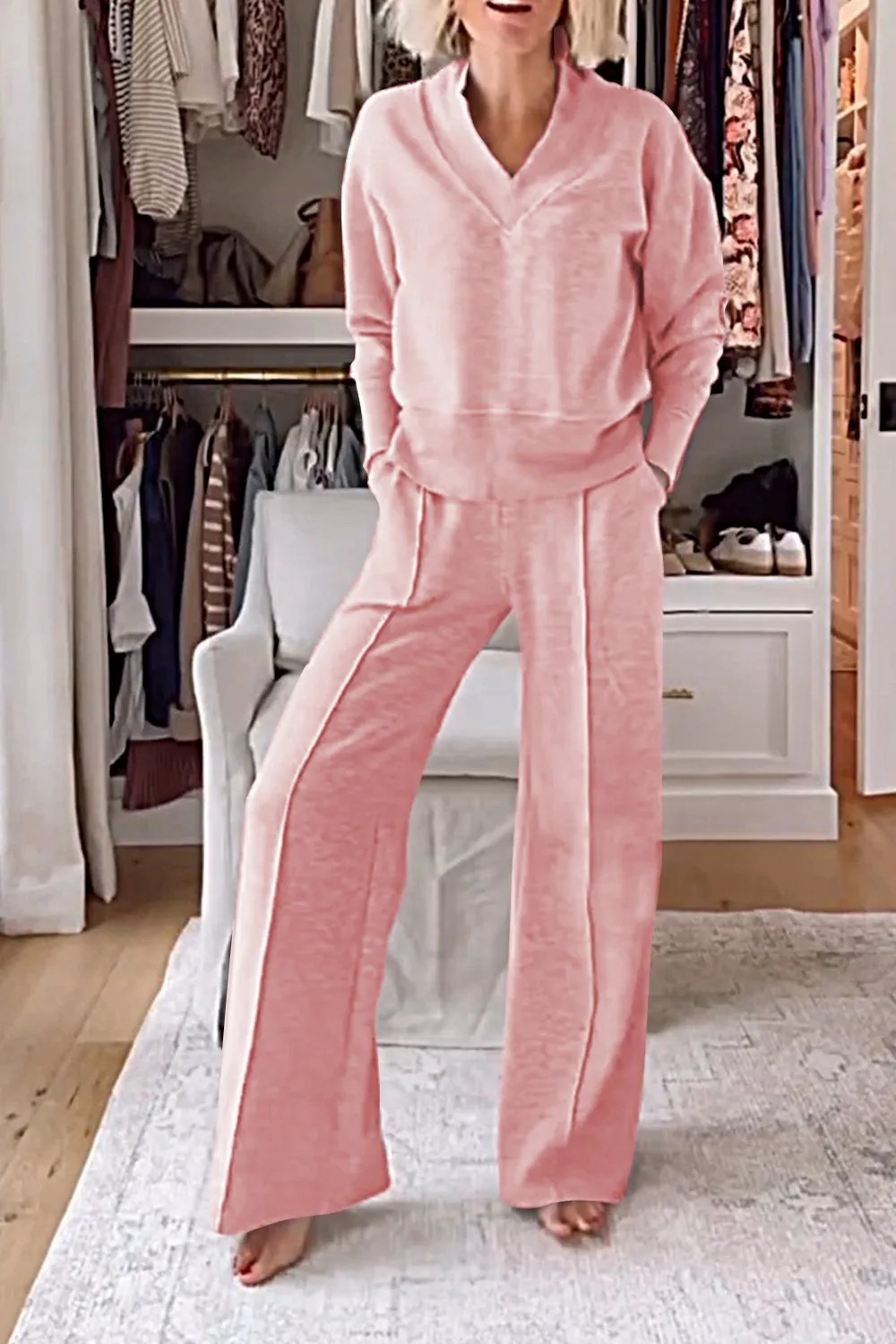 V-neck slimming long-sleeve top and wide-leg pants two-piece set