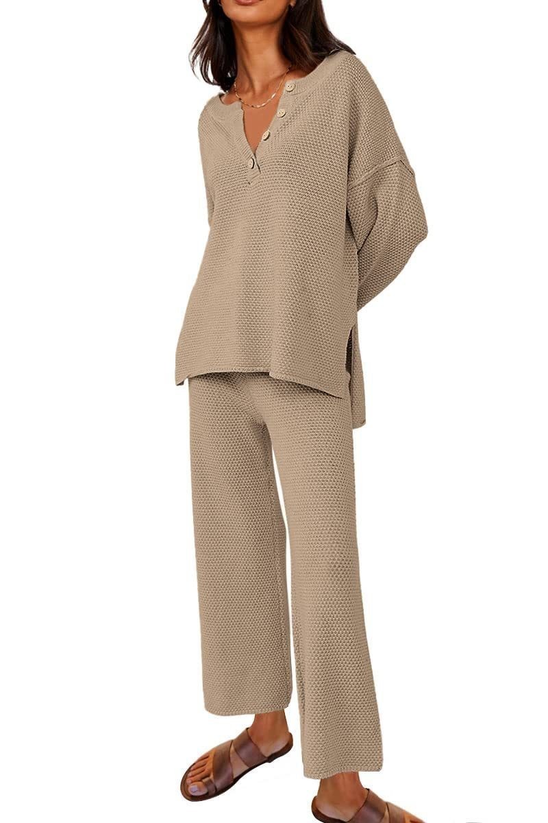 Solid color v-neck casual two-piece suit