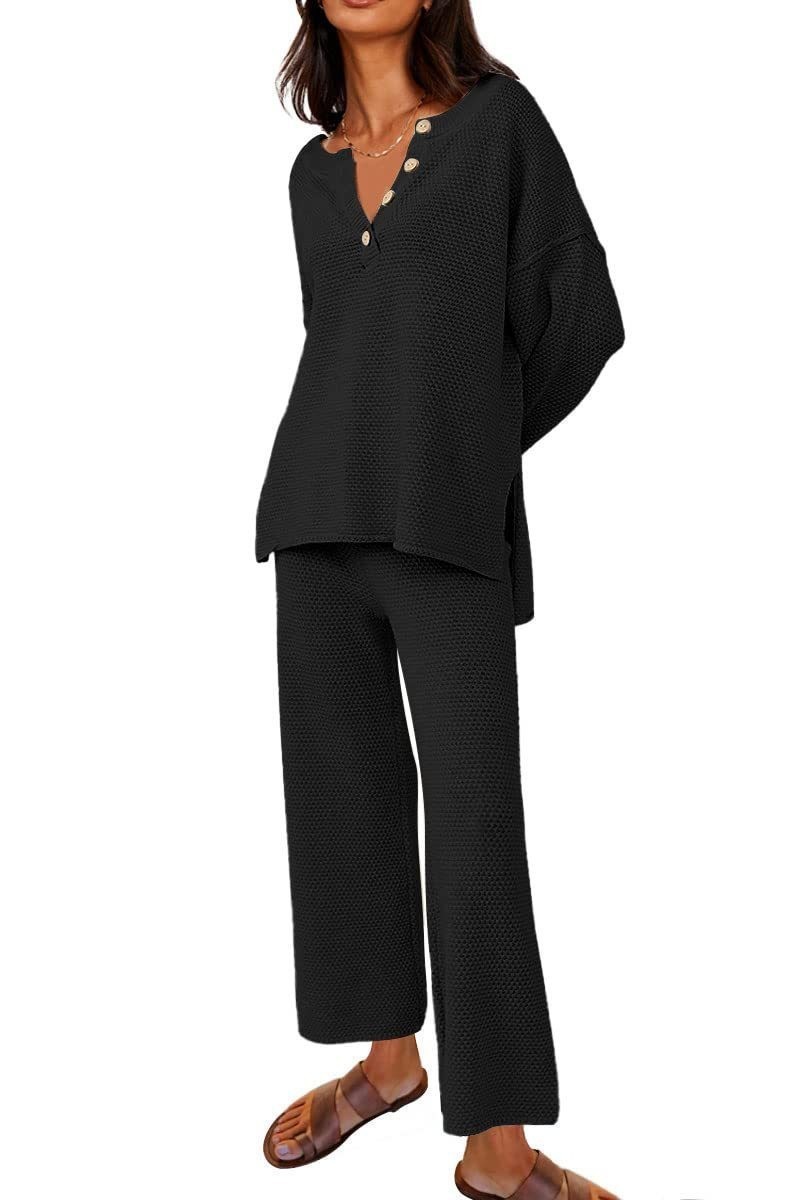 Solid color v-neck casual two-piece suit