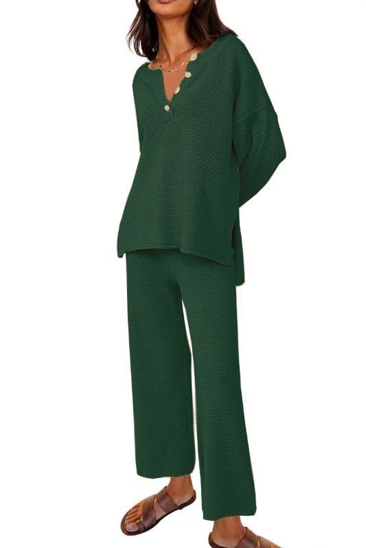 Solid color v-neck casual two-piece suit