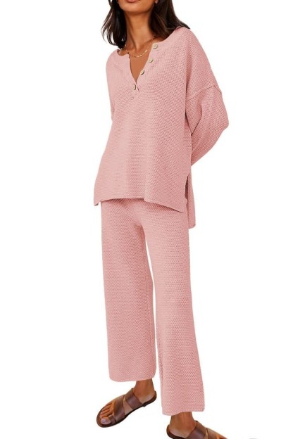 Solid color v-neck casual two-piece suit