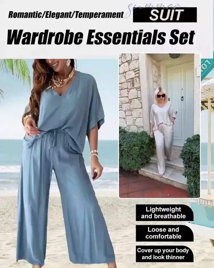 V-neck bat sleeve loose wide-leg pants suit
