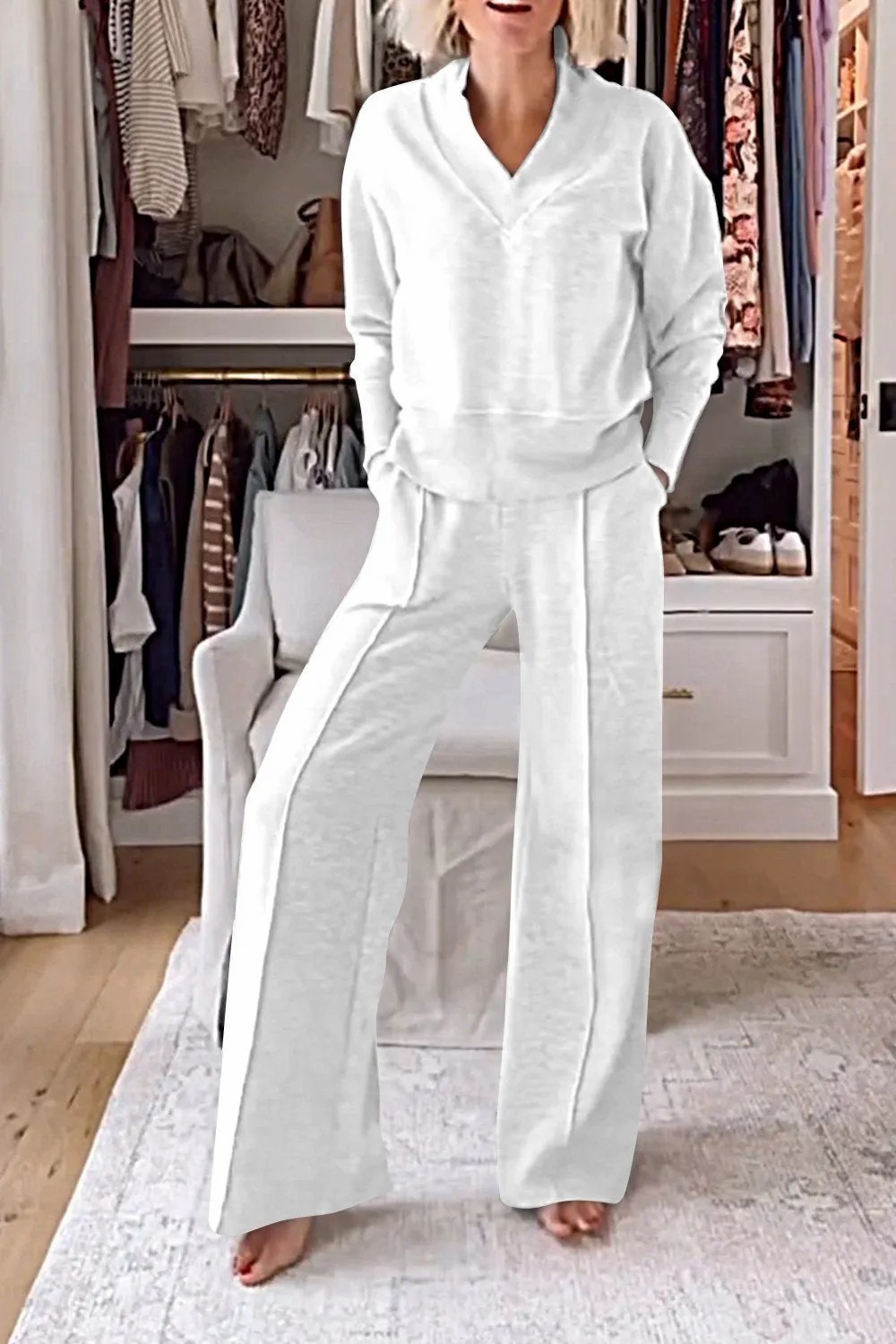 V-neck slimming long-sleeve top and wide-leg pants two-piece set