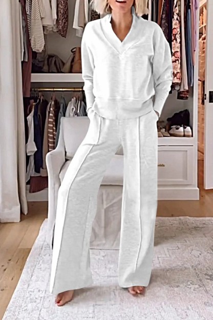 V-neck slimming long-sleeve top and wide-leg pants two-piece set