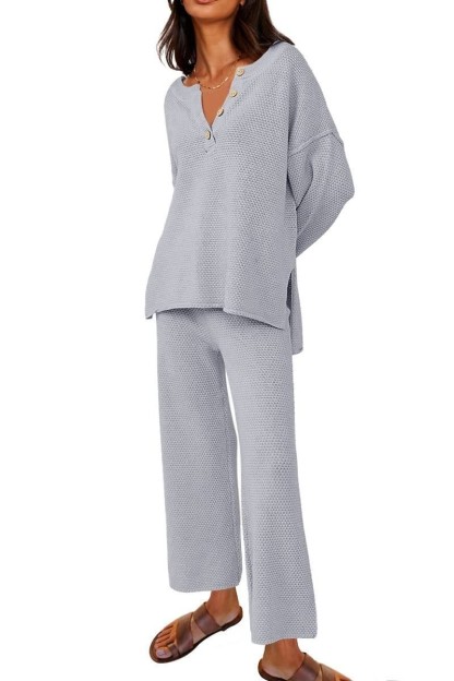 Solid color v-neck casual two-piece suit