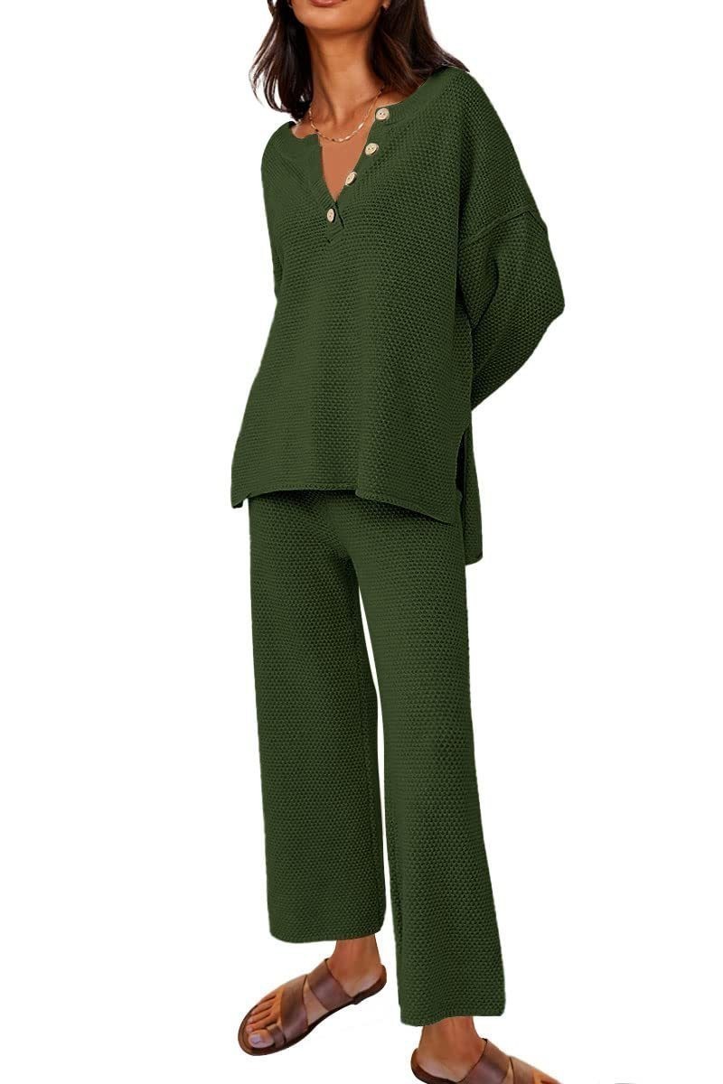 Solid color v-neck casual two-piece suit