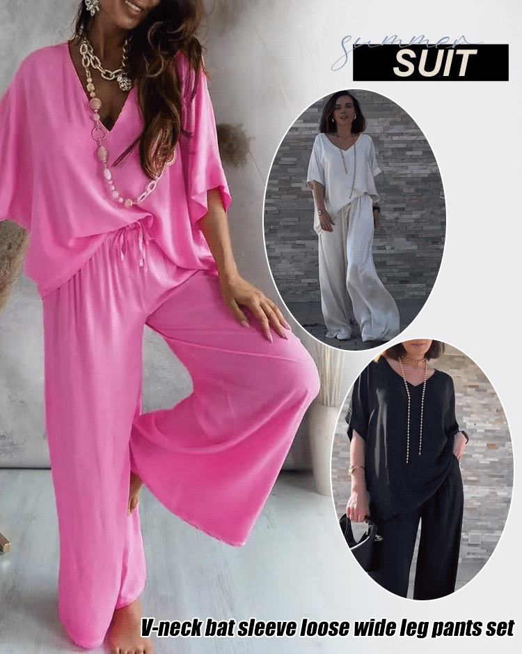 V-neck bat sleeve loose wide-leg pants suit