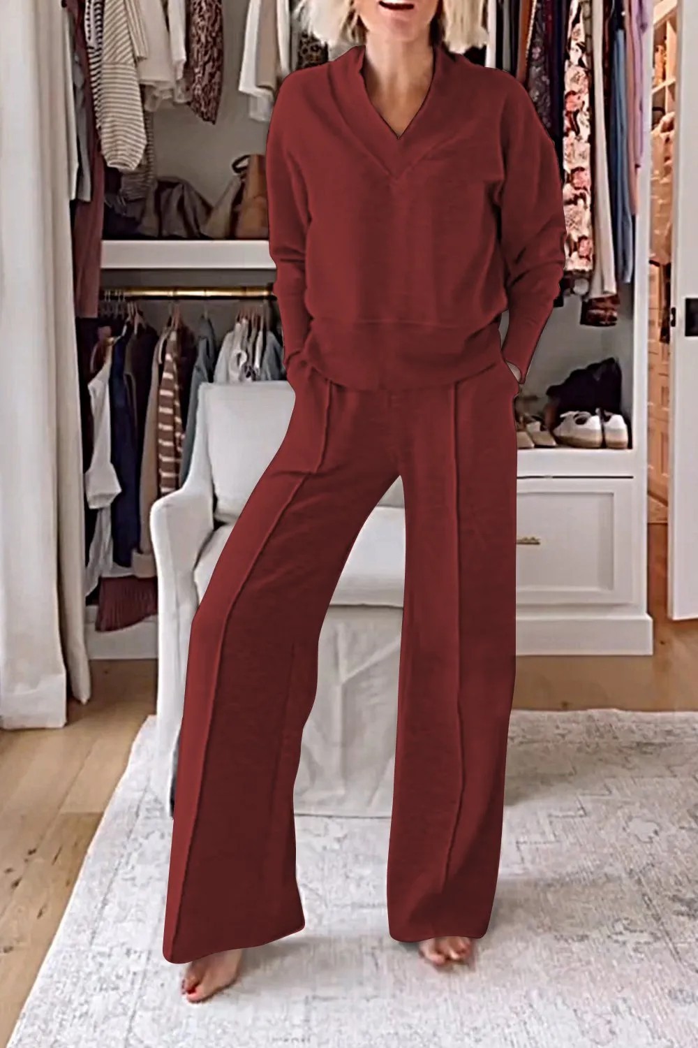 V-neck slimming long-sleeve top and wide-leg pants two-piece set