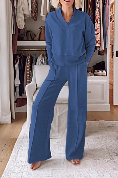 V-neck slimming long-sleeve top and wide-leg pants two-piece set