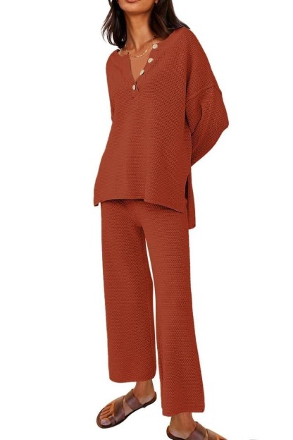 Solid color v-neck casual two-piece suit