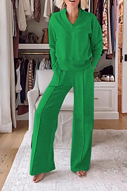 V-neck slimming long-sleeve top and wide-leg pants two-piece set