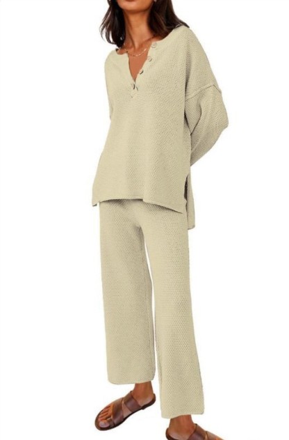 Solid color v-neck casual two-piece suit
