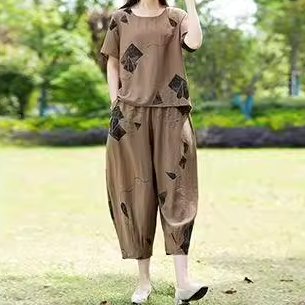 ชุดเสื้อยืดกางเกงผ้าฝ้ายและผ้าลินินแบบสองตัว