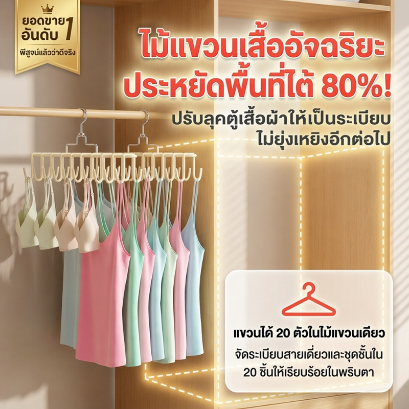 ไม้แขวนเสื้อประหยัดพื้นที่ สแตนเลสเคลือบซิลิโคน แขวนชุดชั้นในไร้รอย จุได้ 20 ชิ้น