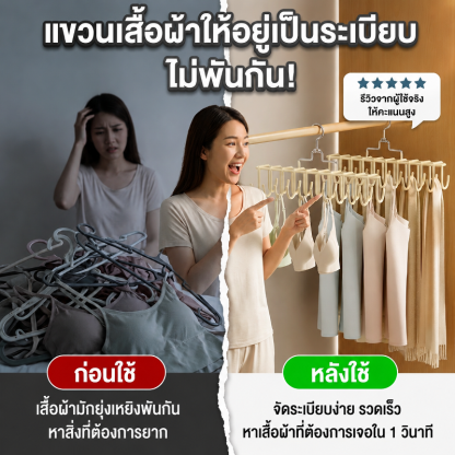 ไม้แขวนเสื้อประหยัดพื้นที่ สแตนเลสเคลือบซิลิโคน แขวนชุดชั้นในไร้รอย จุได้ 20 ชิ้น