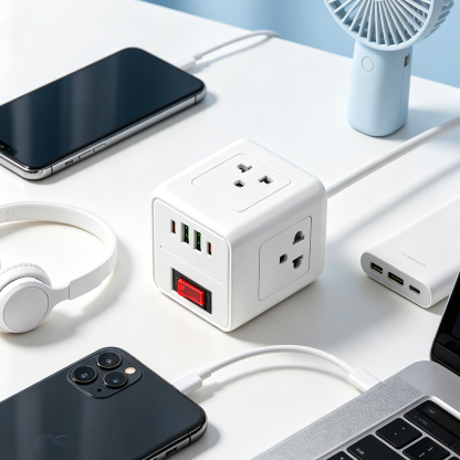 ปลั๊กไฟพกพาทรงลูกบาศก์ 2500W มอก. | ปลั๊กพ่วง 3 เต้าเสียบ พร้อมพอร์ตชาร์จครบจบในตัวเดียว