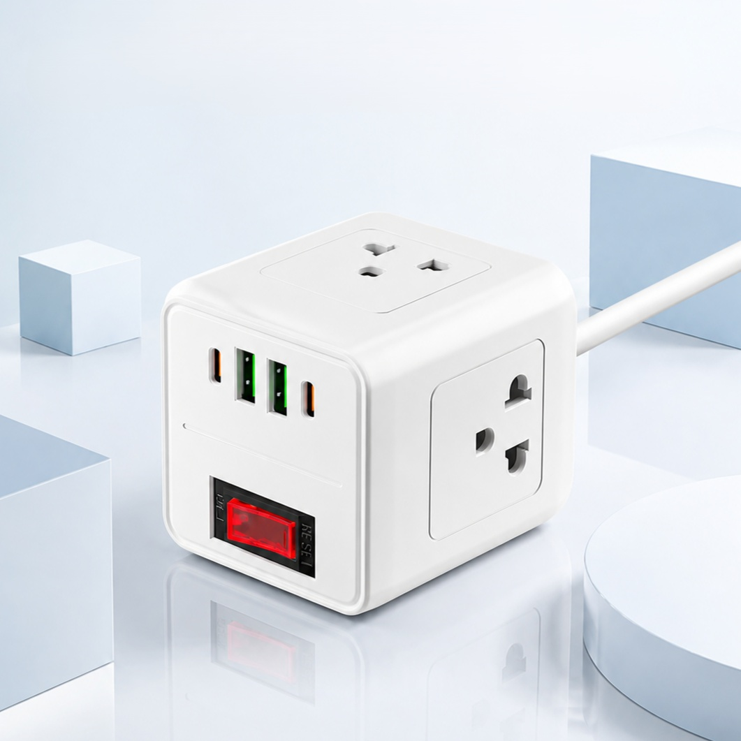ปลั๊กไฟพกพาทรงลูกบาศก์ 2500W มอก. | ปลั๊กพ่วง 3 เต้าเสียบ พร้อมพอร์ตชาร์จครบจบในตัวเดียว